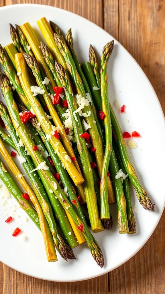 Plate of golden roasted asparagus garnished with Parmesan cheese and red pepper flakes.